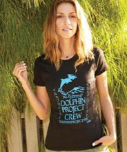 Load image into Gallery viewer, dolphin project crew tee ladies black and teal