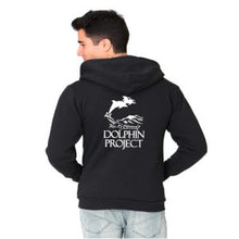 Load image into Gallery viewer, black hoodie dolphin project logo print
