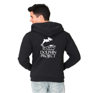 black hoodie dolphin project logo print