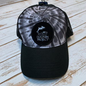 Black Tie Dye Foam Trucker Hat with Round Black Logo Patch