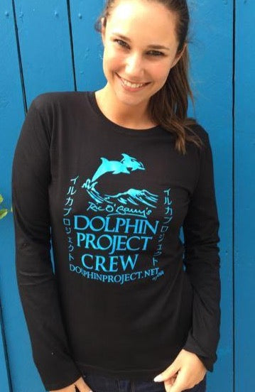 black and teal dolphin project crew long sleeve tee
